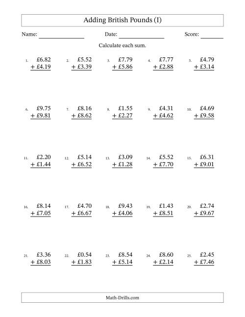 The Adding British Pounds With Amounts from 0.01 to 9.99 in Increments of One Pence (I) Math Worksheet