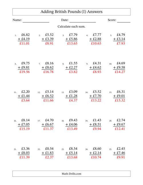 The Adding British Pounds With Amounts from 0.01 to 9.99 in Increments of One Pence (I) Math Worksheet Page 2