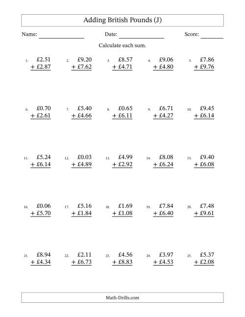 The Adding British Pounds With Amounts from 0.01 to 9.99 in Increments of One Pence (J) Math Worksheet