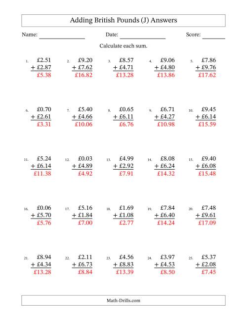 The Adding British Pounds With Amounts from 0.01 to 9.99 in Increments of One Pence (J) Math Worksheet Page 2