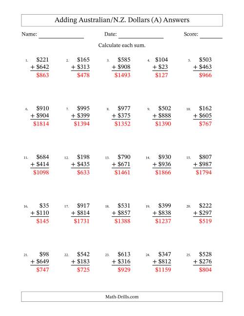 The Adding Australian/N.Z. Dollars With Amounts from 1 to 999 in Increments of One Dollar (A) Math Worksheet Page 2