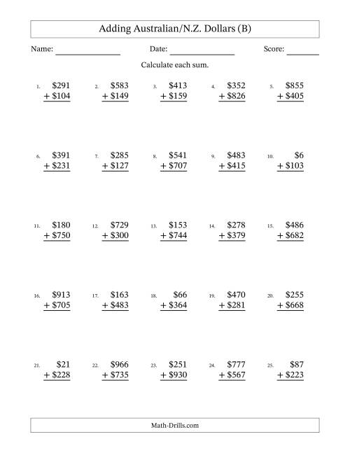 The Adding Australian/N.Z. Dollars With Amounts from 1 to 999 in Increments of One Dollar (B) Math Worksheet