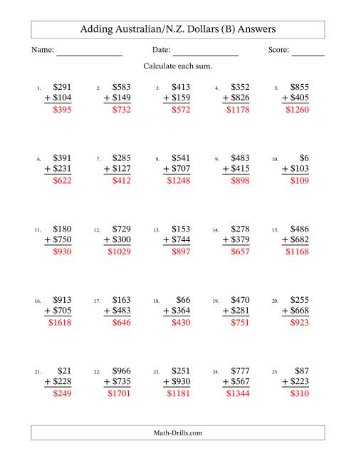 The Adding Australian/N.Z. Dollars With Amounts from 1 to 999 in Increments of One Dollar (B) Math Worksheet Page 2