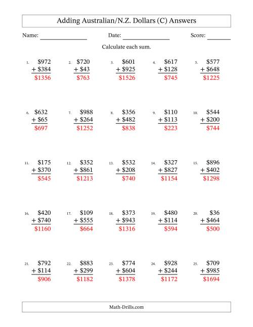 The Adding Australian/N.Z. Dollars With Amounts from 1 to 999 in Increments of One Dollar (C) Math Worksheet Page 2