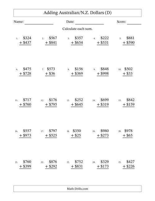 The Adding Australian/N.Z. Dollars With Amounts from 1 to 999 in Increments of One Dollar (D) Math Worksheet