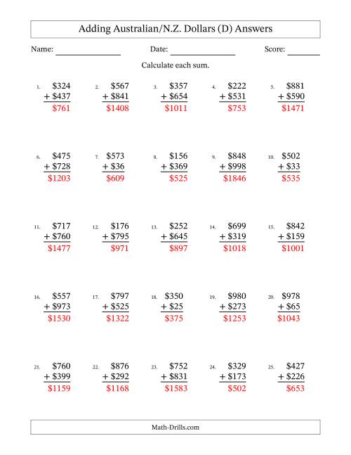 The Adding Australian/N.Z. Dollars With Amounts from 1 to 999 in Increments of One Dollar (D) Math Worksheet Page 2