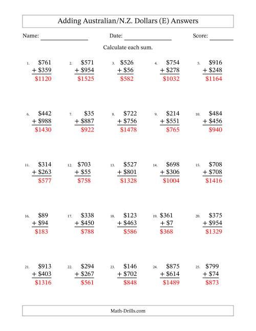 The Adding Australian/N.Z. Dollars With Amounts from 1 to 999 in Increments of One Dollar (E) Math Worksheet Page 2