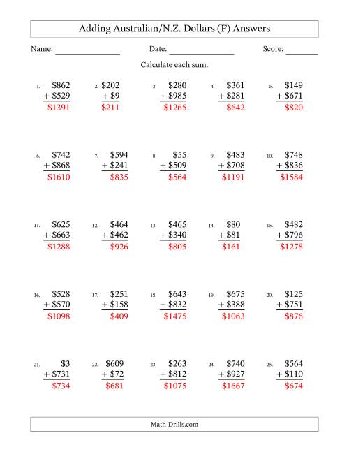 The Adding Australian/N.Z. Dollars With Amounts from 1 to 999 in Increments of One Dollar (F) Math Worksheet Page 2