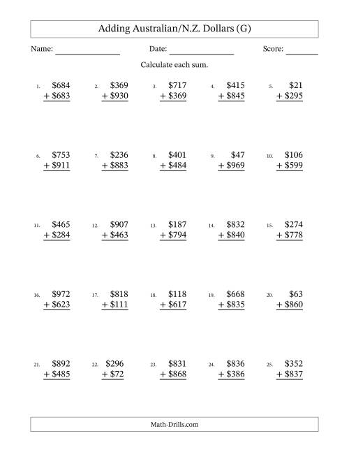 The Adding Australian/N.Z. Dollars With Amounts from 1 to 999 in Increments of One Dollar (G) Math Worksheet