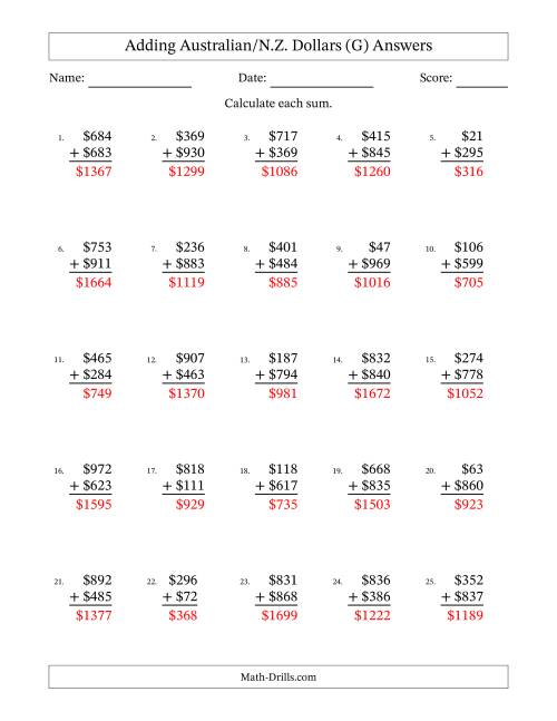 The Adding Australian/N.Z. Dollars With Amounts from 1 to 999 in Increments of One Dollar (G) Math Worksheet Page 2