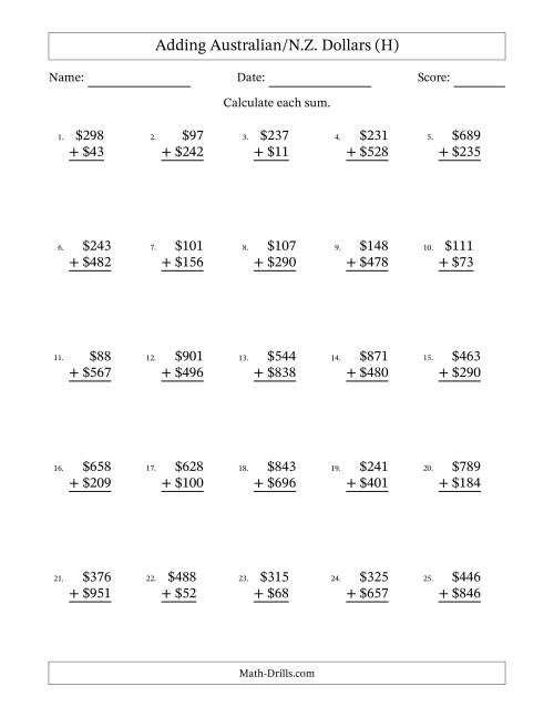 The Adding Australian/N.Z. Dollars With Amounts from 1 to 999 in Increments of One Dollar (H) Math Worksheet