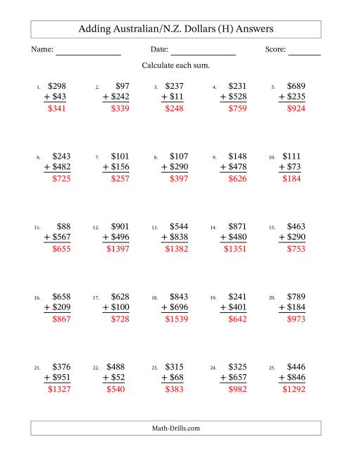 The Adding Australian/N.Z. Dollars With Amounts from 1 to 999 in Increments of One Dollar (H) Math Worksheet Page 2