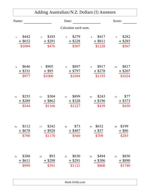 The Adding Australian/N.Z. Dollars With Amounts from 1 to 999 in Increments of One Dollar (I) Math Worksheet Page 2