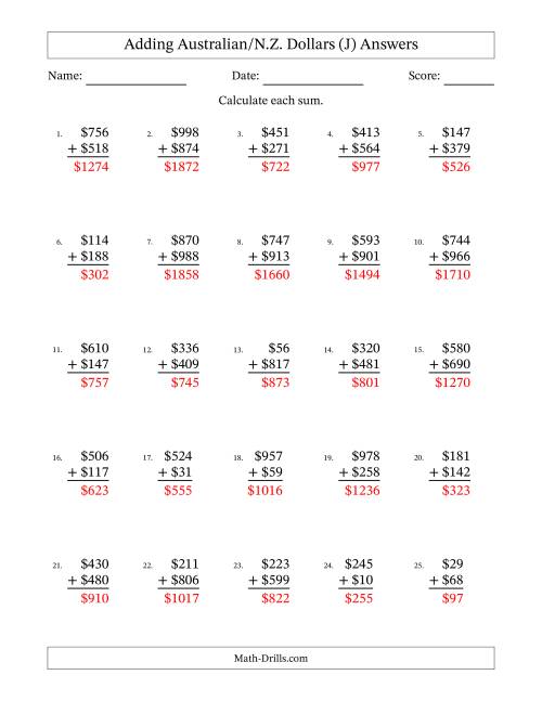 The Adding Australian/N.Z. Dollars With Amounts from 1 to 999 in Increments of One Dollar (J) Math Worksheet Page 2