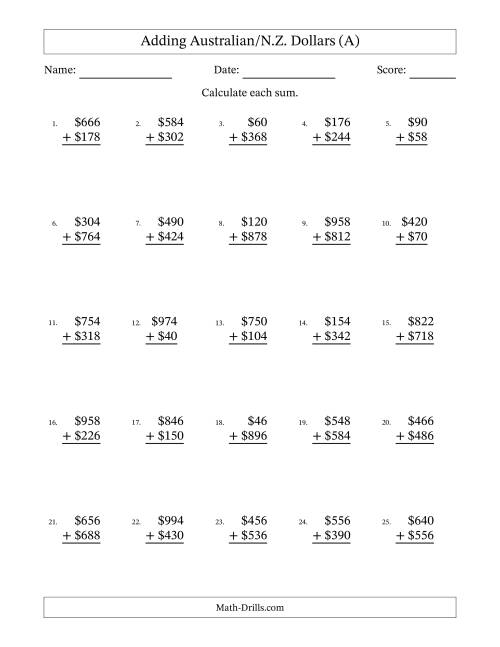 The Adding Australian/N.Z. Dollars With Amounts from 2 to 998 in Increments of Two Dollars (A) Math Worksheet