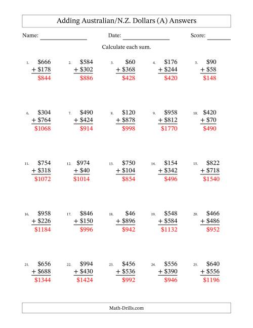 The Adding Australian/N.Z. Dollars With Amounts from 2 to 998 in Increments of Two Dollars (A) Math Worksheet Page 2