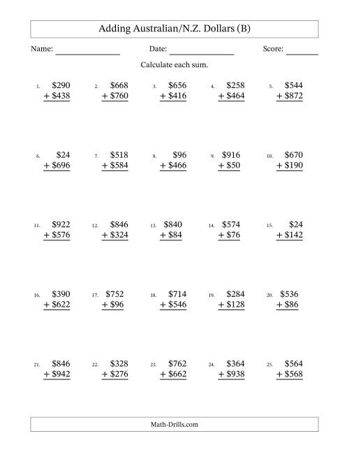 The Adding Australian/N.Z. Dollars With Amounts from 2 to 998 in Increments of Two Dollars (B) Math Worksheet