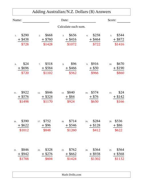 The Adding Australian/N.Z. Dollars With Amounts from 2 to 998 in Increments of Two Dollars (B) Math Worksheet Page 2