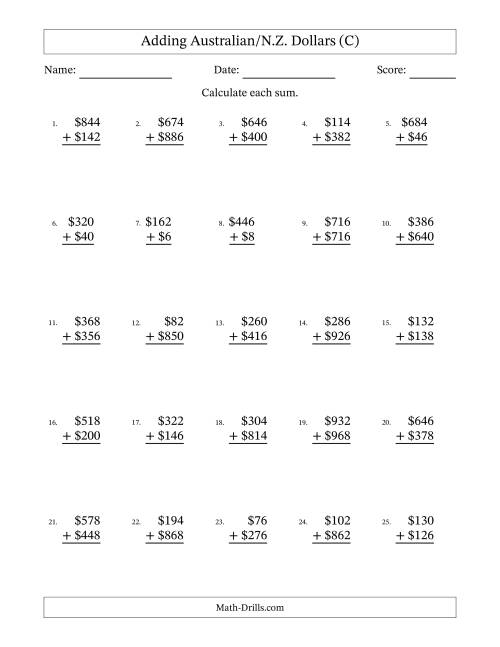 The Adding Australian/N.Z. Dollars With Amounts from 2 to 998 in Increments of Two Dollars (C) Math Worksheet