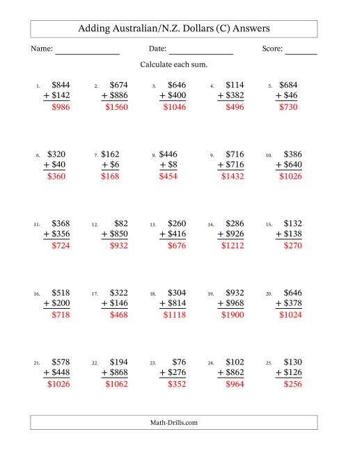 The Adding Australian/N.Z. Dollars With Amounts from 2 to 998 in Increments of Two Dollars (C) Math Worksheet Page 2