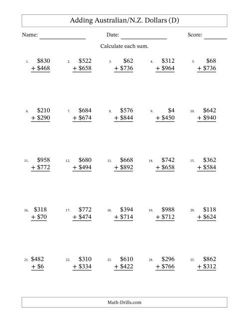 The Adding Australian/N.Z. Dollars With Amounts from 2 to 998 in Increments of Two Dollars (D) Math Worksheet