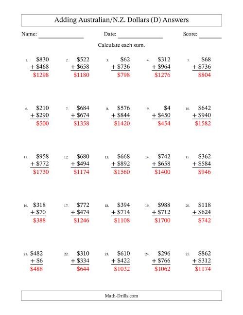 The Adding Australian/N.Z. Dollars With Amounts from 2 to 998 in Increments of Two Dollars (D) Math Worksheet Page 2