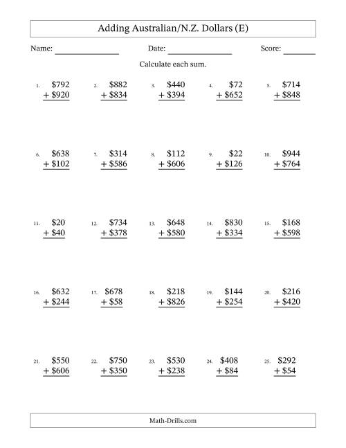 The Adding Australian/N.Z. Dollars With Amounts from 2 to 998 in Increments of Two Dollars (E) Math Worksheet