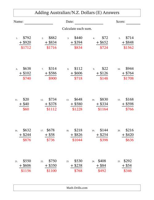 The Adding Australian/N.Z. Dollars With Amounts from 2 to 998 in Increments of Two Dollars (E) Math Worksheet Page 2