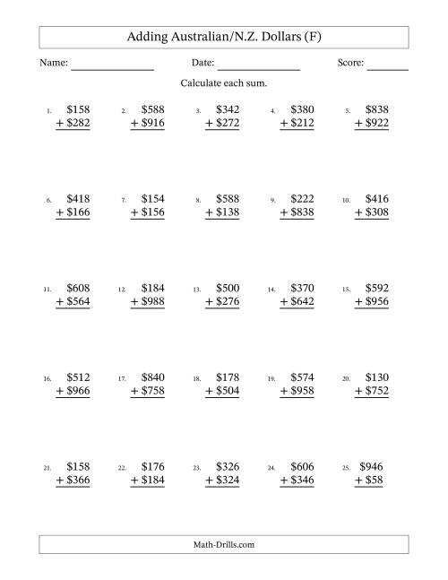 The Adding Australian/N.Z. Dollars With Amounts from 2 to 998 in Increments of Two Dollars (F) Math Worksheet