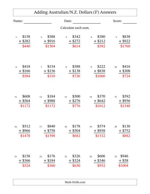 The Adding Australian/N.Z. Dollars With Amounts from 2 to 998 in Increments of Two Dollars (F) Math Worksheet Page 2