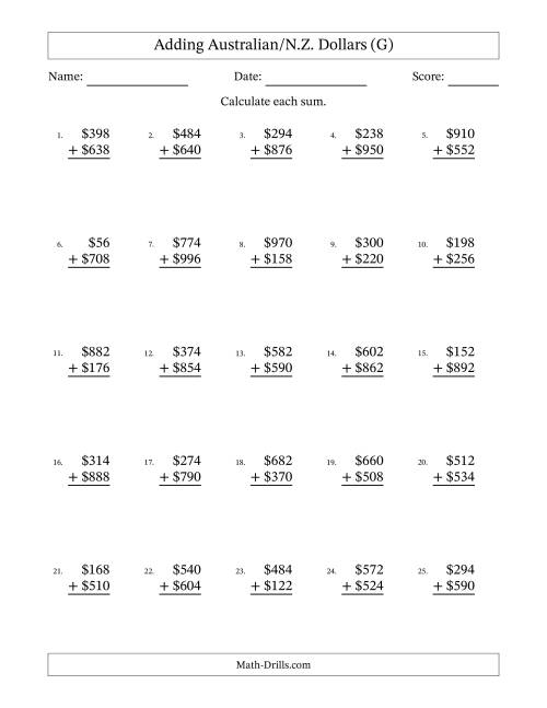 The Adding Australian/N.Z. Dollars With Amounts from 2 to 998 in Increments of Two Dollars (G) Math Worksheet