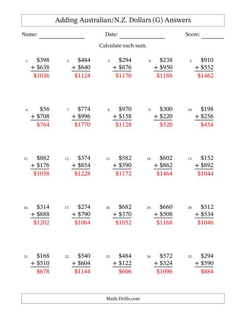 The Adding Australian/N.Z. Dollars With Amounts from 2 to 998 in Increments of Two Dollars (G) Math Worksheet Page 2