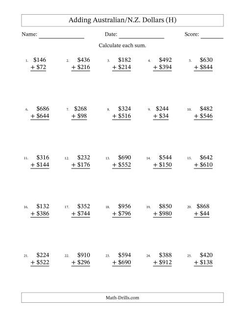 The Adding Australian/N.Z. Dollars With Amounts from 2 to 998 in Increments of Two Dollars (H) Math Worksheet