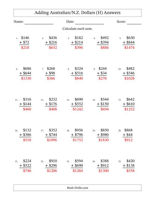 The Adding Australian/N.Z. Dollars With Amounts from 2 to 998 in Increments of Two Dollars (H) Math Worksheet Page 2