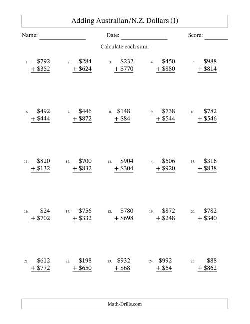 The Adding Australian/N.Z. Dollars With Amounts from 2 to 998 in Increments of Two Dollars (I) Math Worksheet