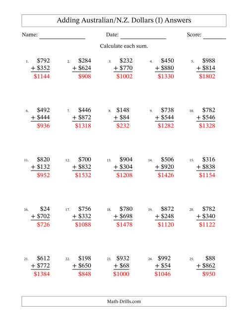 The Adding Australian/N.Z. Dollars With Amounts from 2 to 998 in Increments of Two Dollars (I) Math Worksheet Page 2