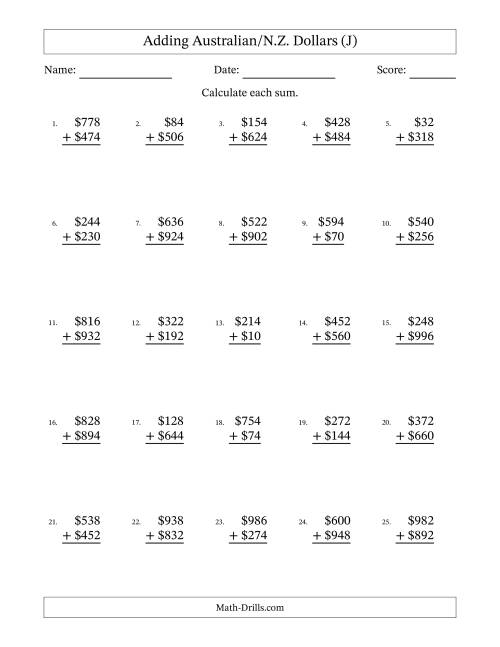 The Adding Australian/N.Z. Dollars With Amounts from 2 to 998 in Increments of Two Dollars (J) Math Worksheet