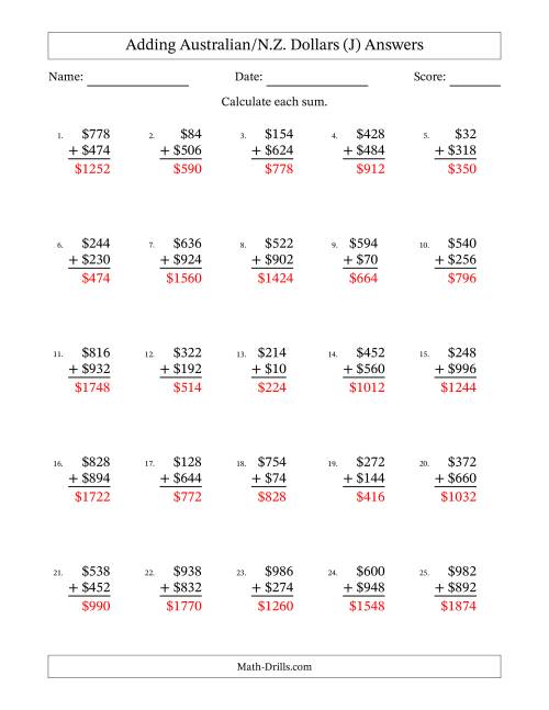 The Adding Australian/N.Z. Dollars With Amounts from 2 to 998 in Increments of Two Dollars (J) Math Worksheet Page 2