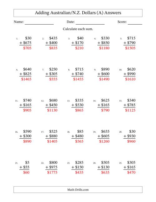 The Adding Australian/N.Z. Dollars With Amounts from 5 to 995 in Increments of Five Dollars (A) Math Worksheet Page 2