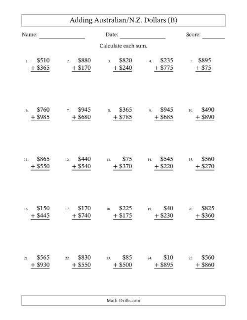 The Adding Australian/N.Z. Dollars With Amounts from 5 to 995 in Increments of Five Dollars (B) Math Worksheet