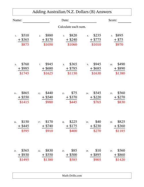 The Adding Australian/N.Z. Dollars With Amounts from 5 to 995 in Increments of Five Dollars (B) Math Worksheet Page 2