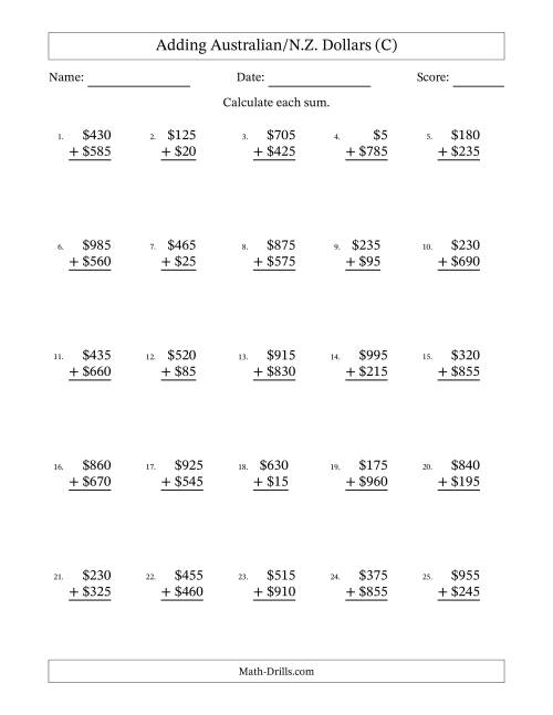 The Adding Australian/N.Z. Dollars With Amounts from 5 to 995 in Increments of Five Dollars (C) Math Worksheet