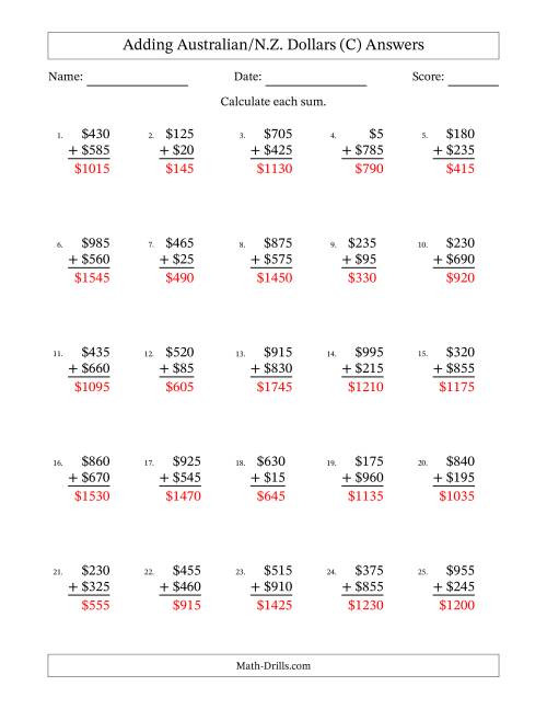 The Adding Australian/N.Z. Dollars With Amounts from 5 to 995 in Increments of Five Dollars (C) Math Worksheet Page 2