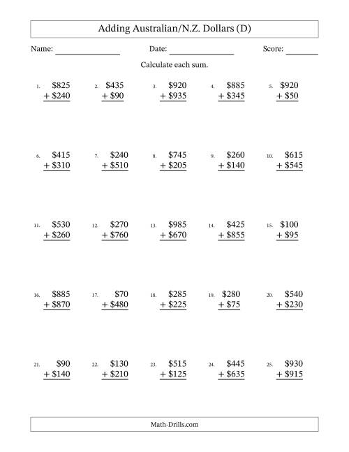 The Adding Australian/N.Z. Dollars With Amounts from 5 to 995 in Increments of Five Dollars (D) Math Worksheet