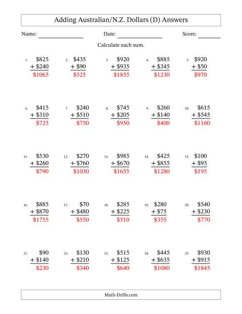 The Adding Australian/N.Z. Dollars With Amounts from 5 to 995 in Increments of Five Dollars (D) Math Worksheet Page 2