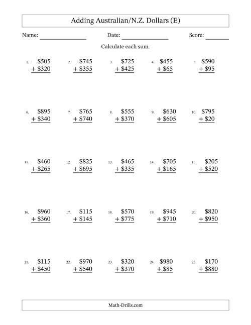 The Adding Australian/N.Z. Dollars With Amounts from 5 to 995 in Increments of Five Dollars (E) Math Worksheet