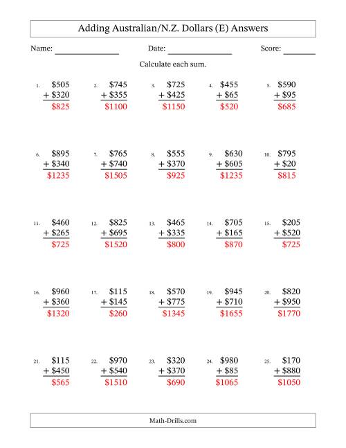 The Adding Australian/N.Z. Dollars With Amounts from 5 to 995 in Increments of Five Dollars (E) Math Worksheet Page 2