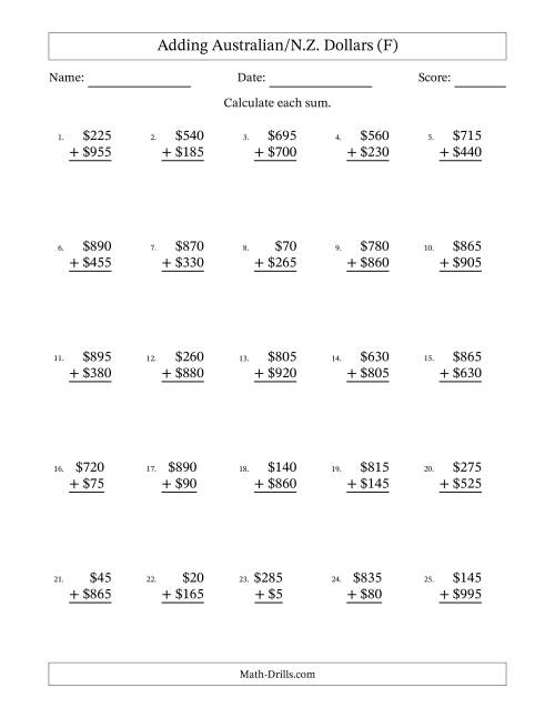 The Adding Australian/N.Z. Dollars With Amounts from 5 to 995 in Increments of Five Dollars (F) Math Worksheet