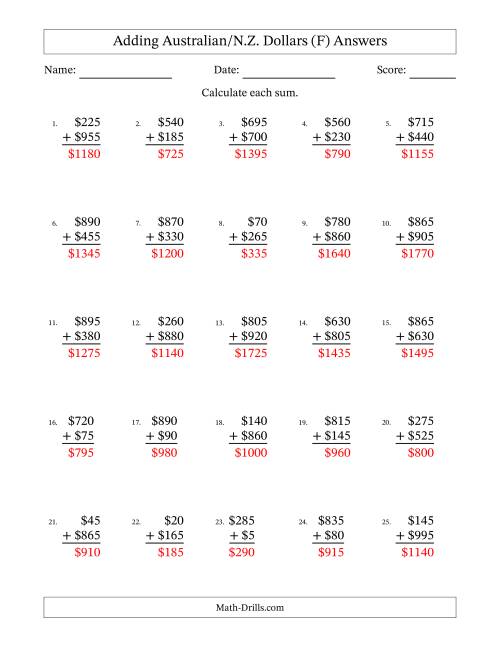 The Adding Australian/N.Z. Dollars With Amounts from 5 to 995 in Increments of Five Dollars (F) Math Worksheet Page 2