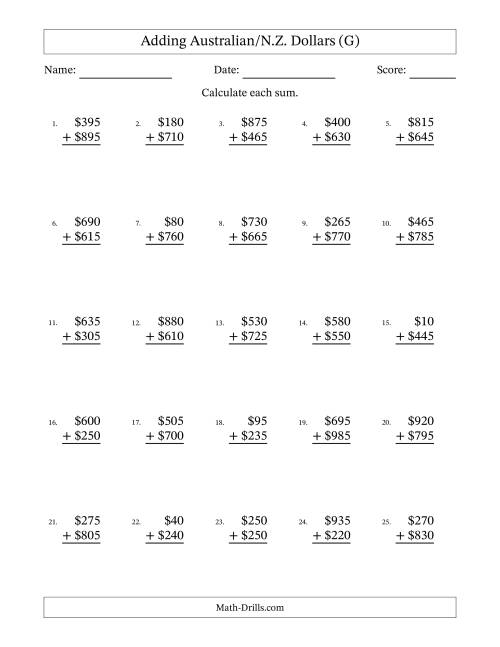 The Adding Australian/N.Z. Dollars With Amounts from 5 to 995 in Increments of Five Dollars (G) Math Worksheet